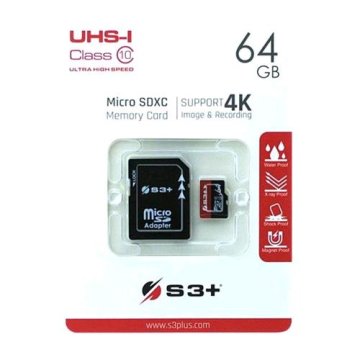 S3 PLUS 64GB S3+ MICROSD XC CON SD ADAPTOR CLASSE 10 90 MB/S NERO ROSSO