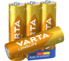 Varta Longlife, Batteria Alcalina, AA, Mignon LR6, 1.5V, Blister da 4, Made in Germany