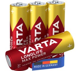 Varta Longlife Max Power, Batteria Alcalina, AA, Mignon, LR6, 1.5V, Blister da 4, Made in Germany